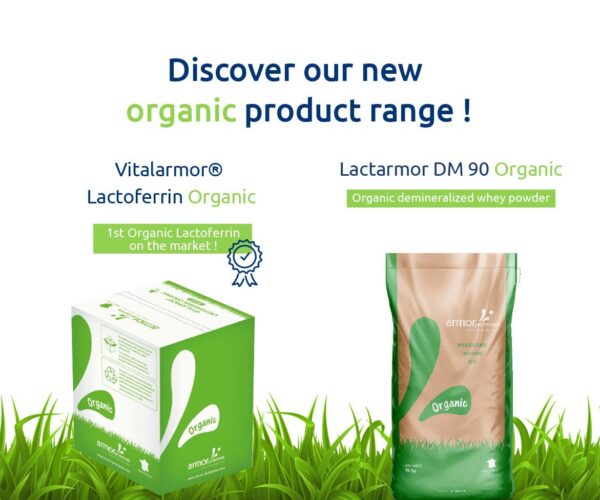 Présentation des packs en 3D de notre gamme biologique : Vitalarmor Lactoferrin Organic et Lactarmor Demineralized 90 Organic