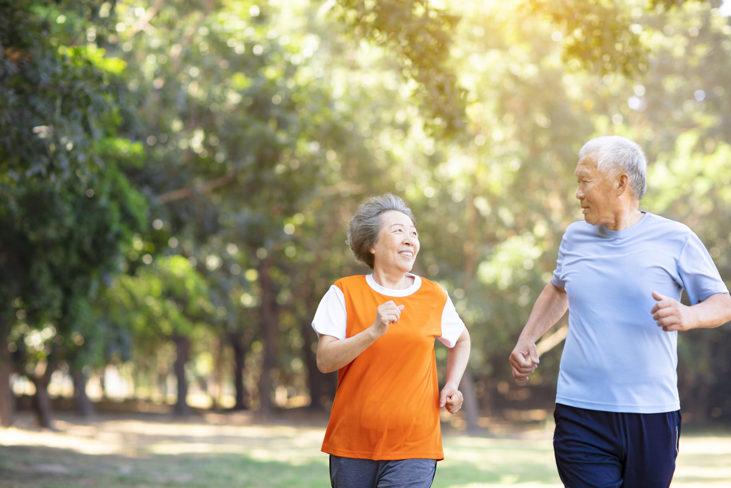 happy Senior couple running in the park