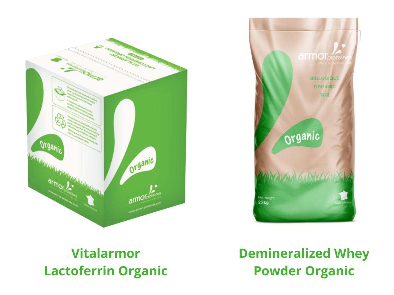 Visuel des 2 packs des nouveaux produits : Vitalarmor Lactoferrin Organic (un carton vu de dos en 3D) et Demineralized Whey Powder Organic (un sac de 25 kg vu de face)
