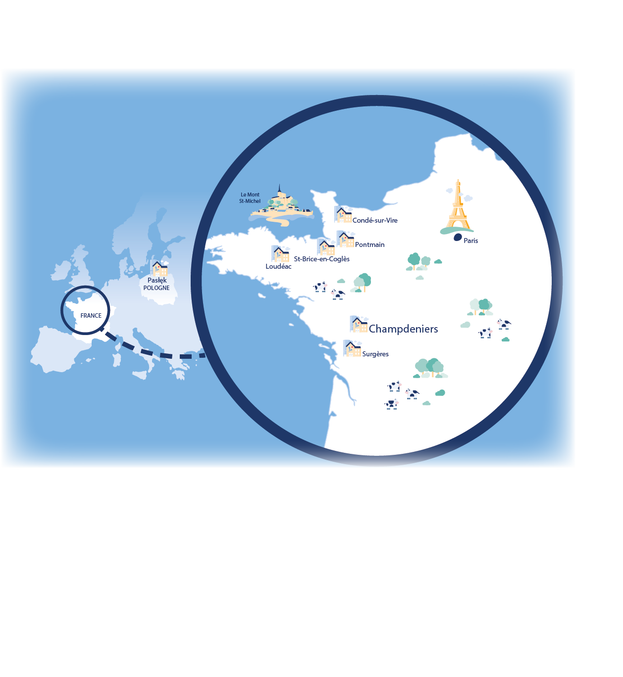Carte et localisation des différentes usines d'Armor : Saint Brice en Coglès, Loudéac, Condé-sur-Vire, Pontmain, Champeniers, Surgères et Paslek