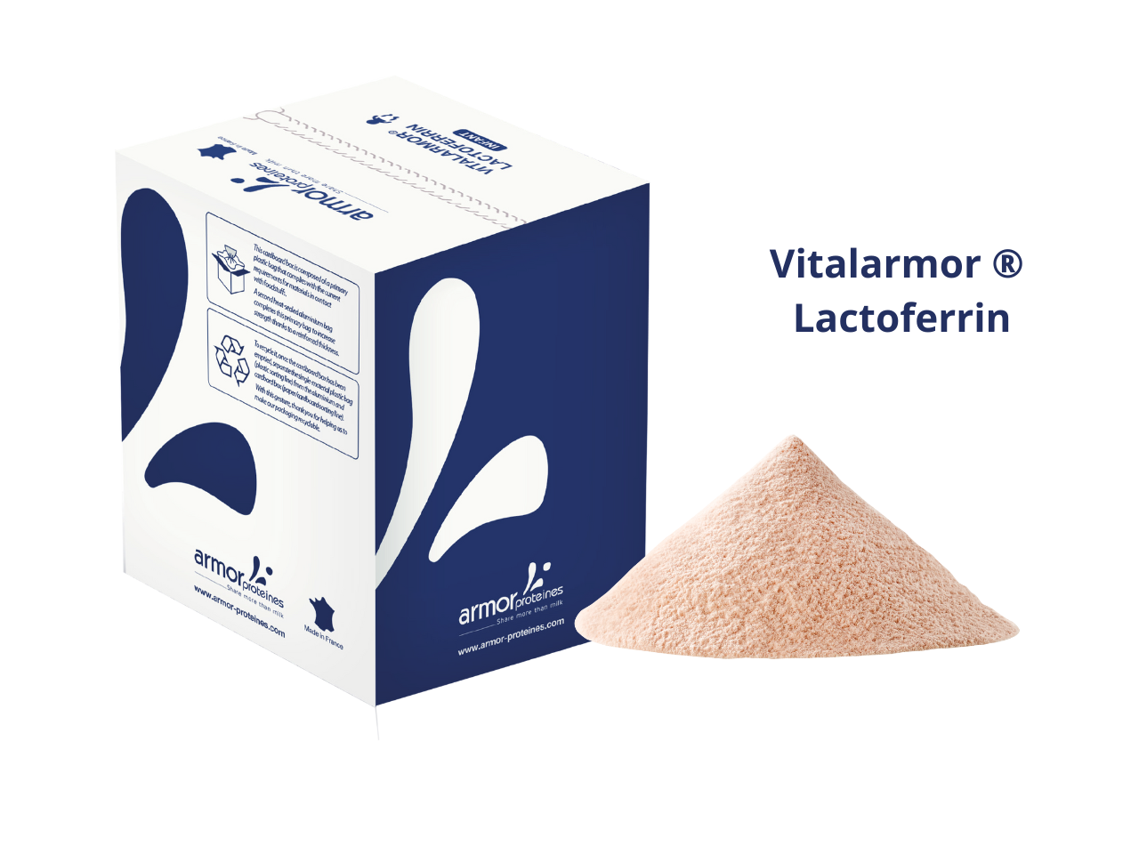 Photo en 3D du pack de Vitalarmor Lactoferrin bleu foncé avec à côté la poudre rose de lactoferrine